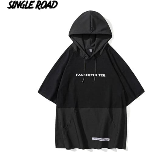 Single Road Mens Hoodies 2021 Summer Patchwork Short Sleeves Hooded T Shirt Harajuku Japanese Streetwear Plus Size Hoodie Men