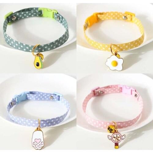 Pet Cat Collar with Cartoon Pendant and Bell Cute Necklace Adjustable Fashion Star Collar Plaid Cotton Collar Pets Supplies