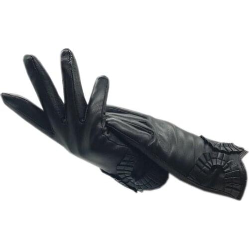 Winter ladies wrist fashion sheepskin gloves black new warm leather driving thickened super soft lining short style 2021-00107