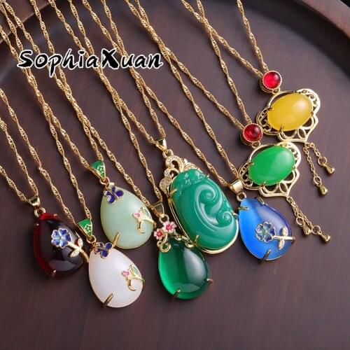 SophiaXuan The Drops Necklaces for Women Green Golden Charms Pendants China Style Jewelry for Women Accessories for Friend Gifts