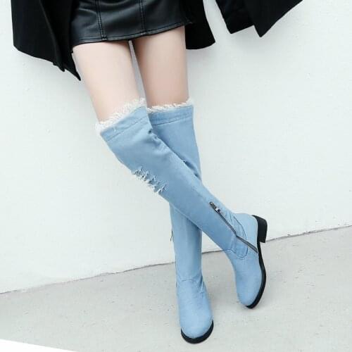 Sgesvier Womens Gorgeous Blue Denim Over The Knee Boots Flat Heel Thigh Boots Zipper Autumn Winter Woman Shoes 2018 Size 34-43