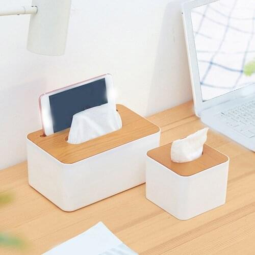 Modern Tissue Box Plastic Napkins Case with Bamboo Wood Cover Paper Towels Storage Organizer Home Car Tissue Holder Home Decor
