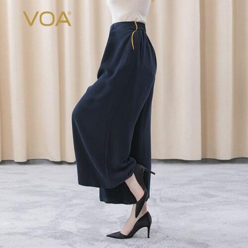 VOA 30m/m Heavyweight Silk Trousers Navy Beef Tendon Waist Stereo Pleats Golden Edge Joker Wide Leg Pants Women KE212