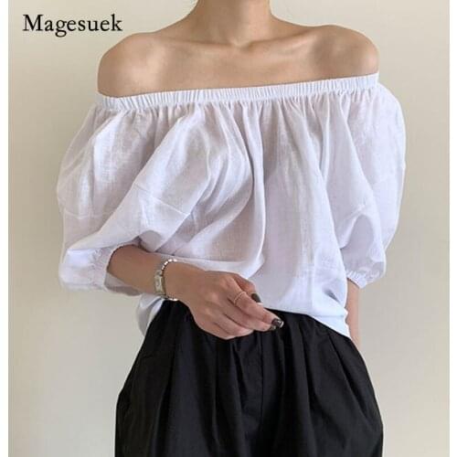 Korea Style Women Clothing Solid Slash Neck Blouse 2021 Summer Casual Womens Shirt Fashion Loose Ladies Tops Blusas 13797