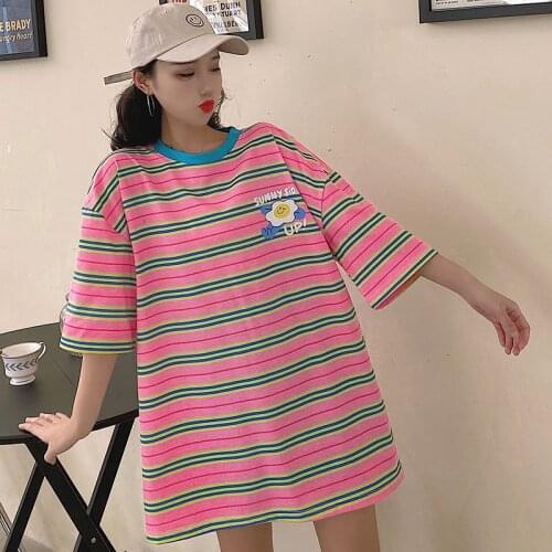 2021 color letter striped t-shirt summer long loose loose round neck short-sleeved top T-shirt trendy women