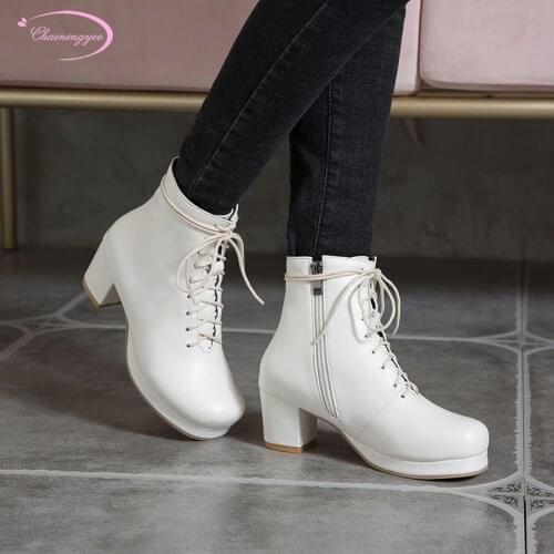 Street style round toe ankle boots lace-up zipper black apricot white high-heeled chunky motorcycle boots womens shoes big size