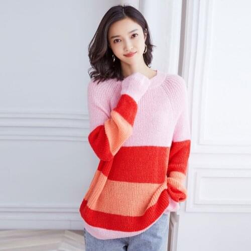 Ladies Patchwork Color Cashmere Soft Sweater Pullovers Spring AutumnLady Loose Wool Soft Sweater Long Sleeve High Quality