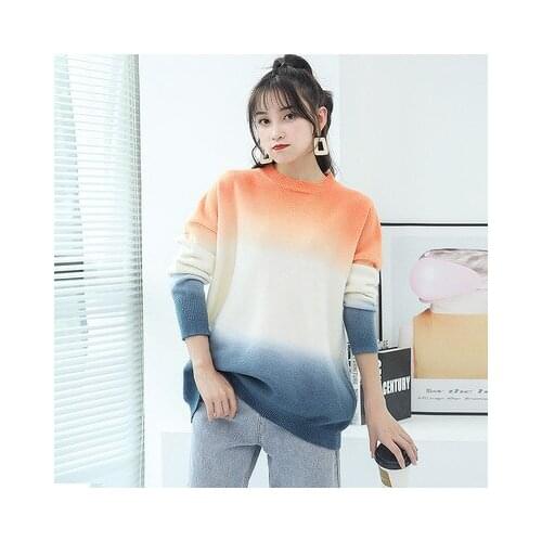 Female Knitwear Gradient Color Pullover Round Neck Long Sleeve Knited Sweater Tops for Spring Fall Blouse Light Muticolor
