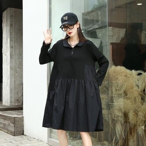 210848 Loose Patchwork Fashion Autumn New Full A-line Turn-down Collar Folds Black Dresses For Women Plus Size