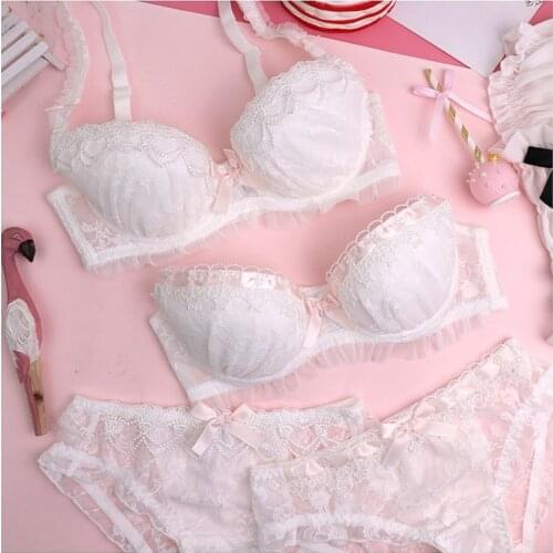 Girls water soluble lace thin section lingerie comfortable gather bra set ladies solid color underwear cute and sexy bralette