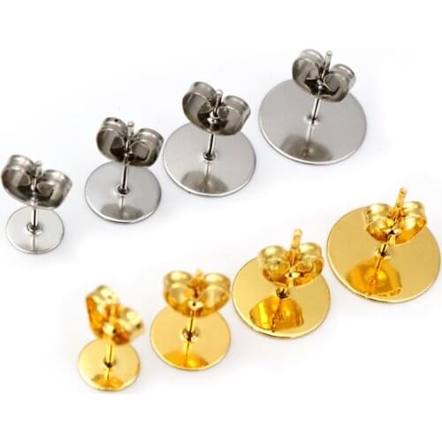 50-100pcs/lot Gold Stainless Steel Earring Studs Blank Post Base Pins With Earring Plug Findings Ear Back For DIY Jewelry Making