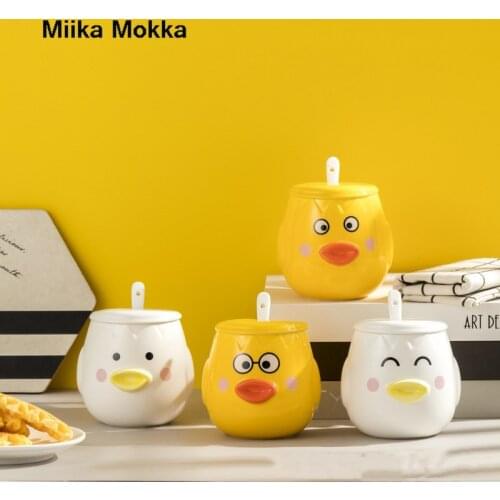 500ML Cute Cartoon Duck Ceramic Mugs 3D Creative Animal Coffee Mug with Lid Spoon Couple Cups Milk Cup White Yellow Cup