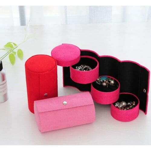 Velvet Jewelry Box Travel 3-Layer Roll-up Snap Storage Earring Bracelet Display Jewerly Storage Box