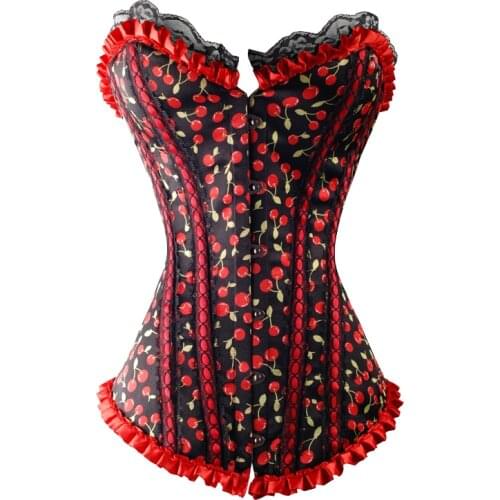 Women Corset Lace Up Satin Cherry Print Body Shaper Strapless Boned Overbust Plus Size Corset and Bustier Ruffled Lingerie Top