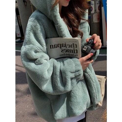 Lazy Rabbit Fur Hooded Jacket 2020 Winter New Korean Plush Coat Loose Thicken Women Warm Oversized Furry Sweatshirt Abrigos y749