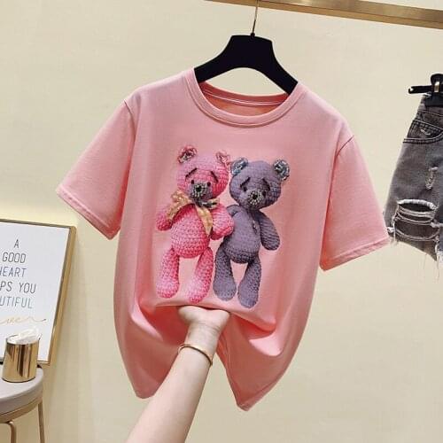 Summer Bear print Women T-shirt Harajuku Oversize Short-Sleeved Women Cotton Loose Korean Female Clothes