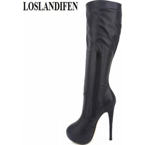LOSLANDIFEN Women Boots Matte Patent Leather Round Toe High Heels Autumn Winter Fleece Mid Calf Knee Wide Leg Stretch Boots