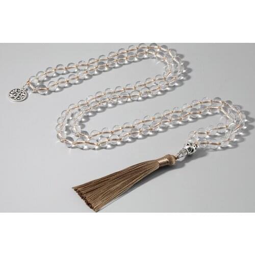 Fashion Japamala Knotted Necklace 108 Mala White Crystal Bead Meditation Yoga with Tree of Life Pendant Tassel Jewelry