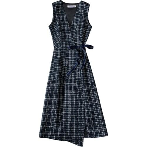 Autumn winter vintage plaid woolen vest women v-neck slim irregular slim a-line dress plus size 3XL