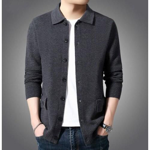Autumn Mens Knitted Cardigan Turn Down Collar Long Sleeve Sweatercoat Full Button Pocket High Grade Coat Retro Casual Clothing