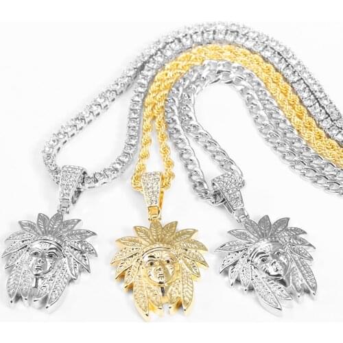 Fashion Stainless Steel Pendant Necklace with Rhinestone Men Tribe Apache Indian Chief Head Ring Male Punk Rocker Figure Jewelry