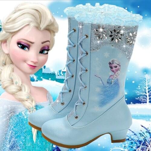 Disney girls boots autumn new high-tube all-match plus velvet elsa childrens high-heeled princess boots frozen