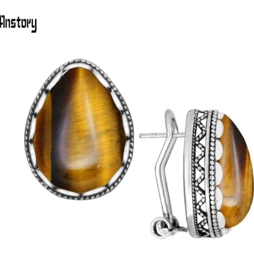 Drop Tiger Eye Stud Earrings For Women Vintage Look Antique Silver Plated Flower Natural Stone Earring