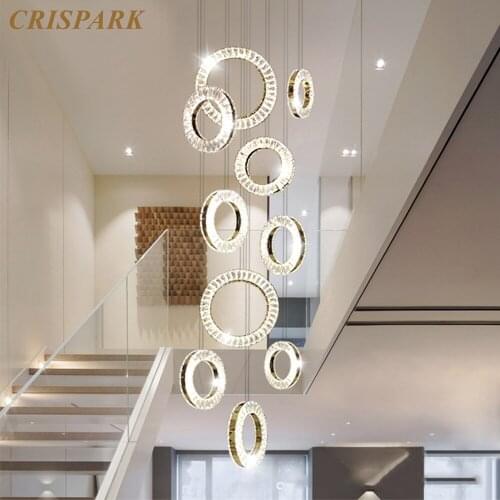 Nordic Crystal Pendant Light LED Chrome Cristal Rings Stair Ceiling Chandelier Indoor Villa Hanging Lamp Kitchen Island Lustre