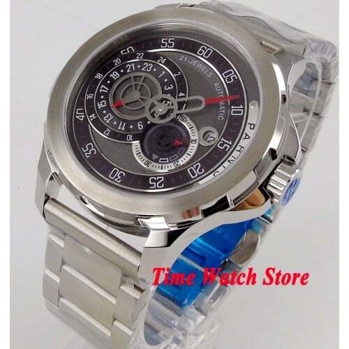 Vintage 44mm Parnis 10ATM japan Miyota automatic mens watch sapphire glass 24 hours dual time Date display waterproof