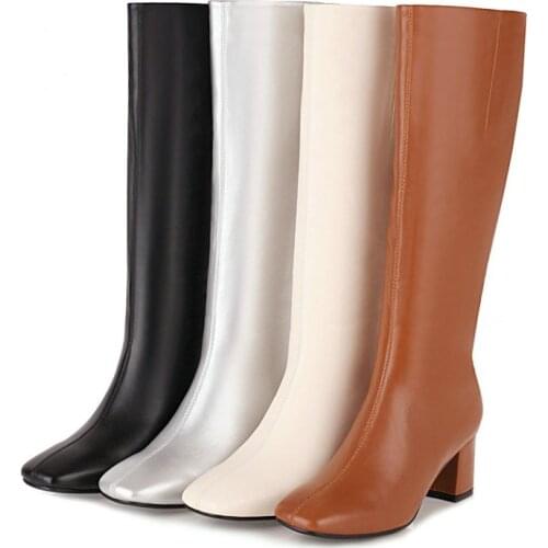 Fashion Pu Knee High Boots Spring Autumn Women Boots Low Heel Long Boots Square Toe Zipper Winter Shoes Big Size 41 42 43 44 45