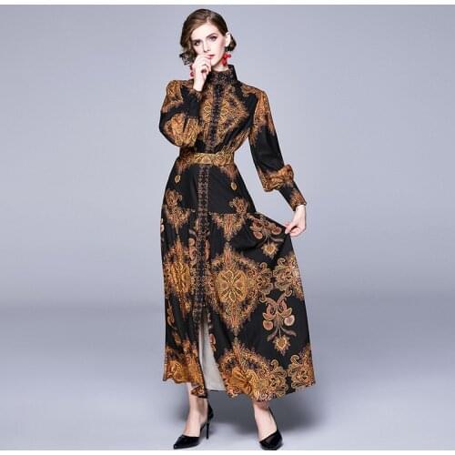 New 2021 Designer Runway Maxi Dresses Women Stand Collar Puff Sleeve Vintage Floral Print Casual Buttoned Long Dress Robe Femme