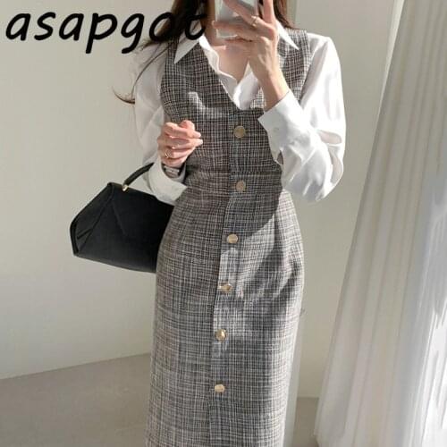 V Neck Single Breasted Slim Sleeveless Plaid Vest Dress Simple Loose White Long Sleeve Shirts Women 2 Sets OL Elegant Korean