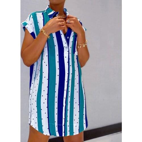 Blue orange dot striped print mini shirt dress Women short sleeve button down dress 2021 Summer women african dress Casual robe