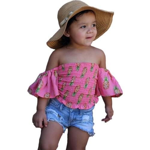 New Summer Baby Girls Clothing Short Sleeve Costume Children Outfits Toddler Chiffon blouse jeans pant 2PCS Girls suit Kids A295