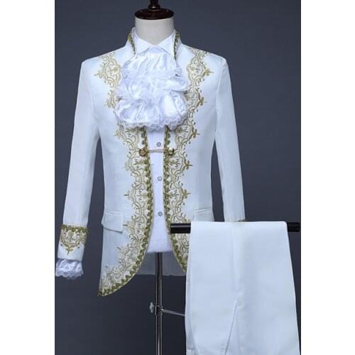 2021 White Groom Wedding Suit Retro European Drama Performance Costume Slim Fit Men Prom Party Gold Trim Jacket Pants 2 Pieces