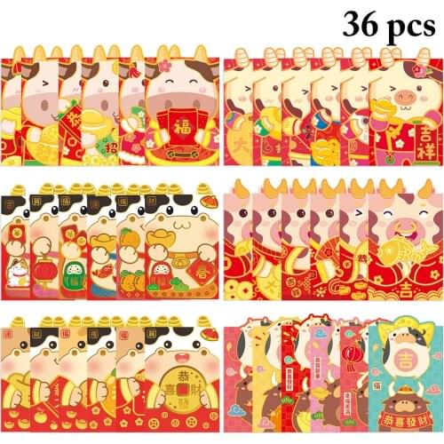 36Pcs 2021 Red Envelope New YearS Best Wish Lucky Money Pocket Cartoon Red Envelopes Multicolor Money Pouches(Random Style)