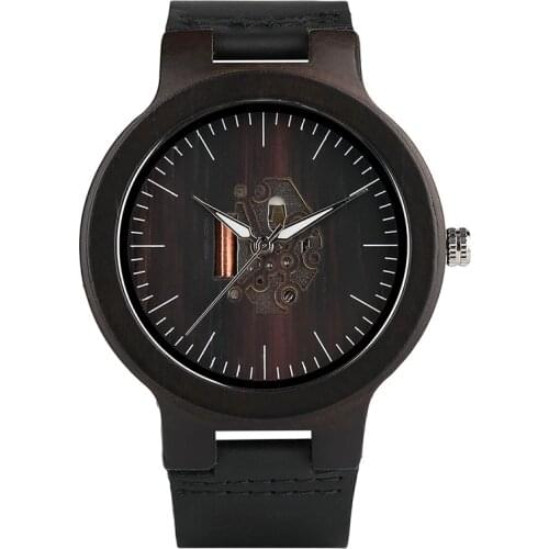 Vintage Clock Stripe Wood Watch Men Clock Man Skeleton Dial Casual Cuff Genuine Leather Quartz Mens Wrist Watch Reloj de madera