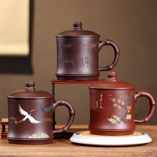 Yixing Purple Clay Tea Cup with Filter Liner Large Capacity Handmade Ceramic Office Water Mug Retro Carving Teacup Drinkware