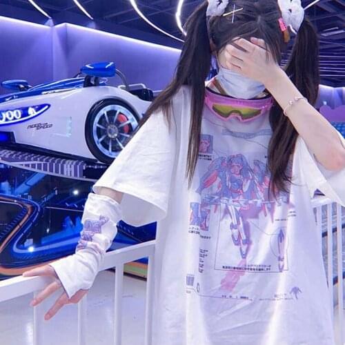 Punk T-shirt fun cartoon cute robot printing Japanese preppy style sweet top chic Harajuku Street hip-hop women Oversize T-shirt