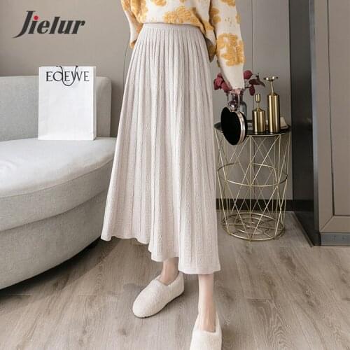 Jielur Winter New Knitting Women Skirts Fashion Elegant Lady Elastic High Waist Black Gray Apricot Skirt Loose Female Long Skirt