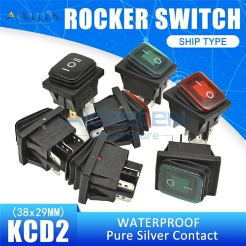 KCD2 Waterproof Rocker Switch 38x29mm AC 15A/250V 20A/125V ON-OFF 2/3Position 4/6 Pin Toggle Switch With LED Light
