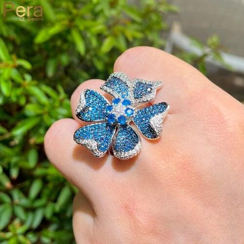 Pera Beautiful Large Flower Shape Blue Cubic Zirconia Wedding Party Adjustable Fidget Rings for Women Decoration Jewelry R165