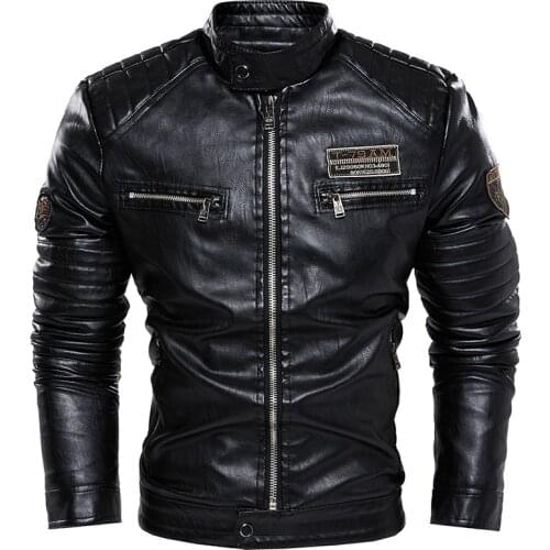 New Mens Motorcycle Jacket Autumn Casual Embroidery Faux Leather Coats Slim Fit Vintage Leather Jacket Men Fleece Outwear