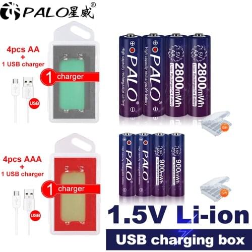 PALO 1.5v AAA 900mWh 1.5V AA 2800mWh Lithium Li-ion AA AAA Rechargeable Battery + Battery Case for AA AAA Batteries