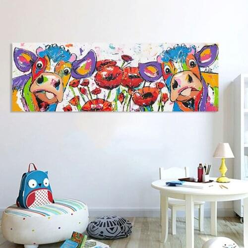 Cute Colorful Abstract Cow Floral Canvas Paintings Poster and Print for Kids Room Decorative Wall Art Pictures Home Decor