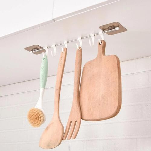Multi-function Self-adhesive Six Hooks Wall Rack Creative Stainless Steel Base Bathroom Kitchen Hanging Rack Home Accessories