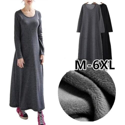 Plus size M-6XL Fashion Elegant Pure Color O-neck Long Sleeve Big Swing Women Dress with Velvet Loose Casual Women Clothing