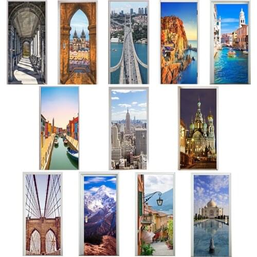 3D Door Stickers Square Church Manarola Ama Dablam Lake Como Venice Canal Taj Mahal Saint Petersburg Art Corridor Decor Paste