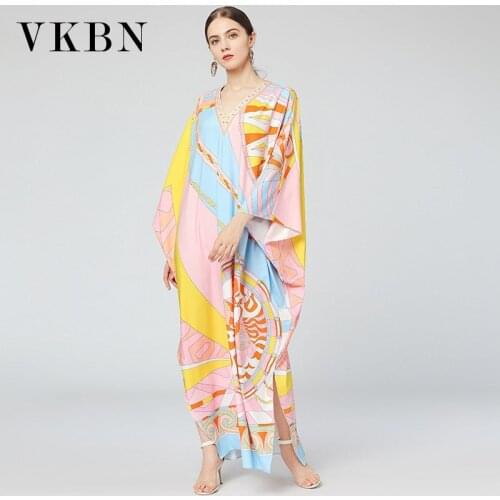 VKBN 2021 Autumn Dresses Women New Loose V-Neck Plus Size Clothing for Women Dress Up Long Sleeve Dress