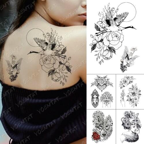 Waterproof Temporary Tattoo Sticker Line Bird Flower Tattoos Crane Moon Sun Wolf Lady Fox Body Art Arm Fake Tatoo Women Men